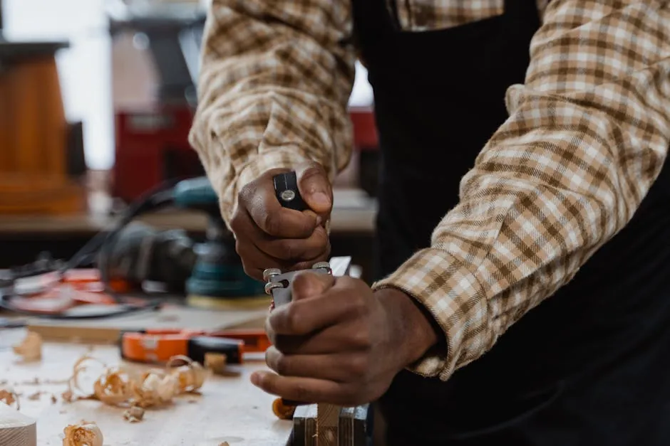 Mains de menuisier travaillant le bois au rabot dans l atelier